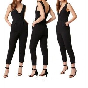 French Connection Jumpsuit 8 Black V Neck Zipper Straight Leg Sleeveless Pull On